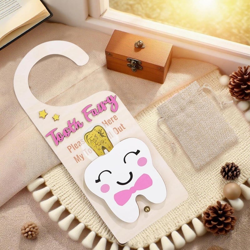 ZingFsh Tooth Fairy Tooth Holder，Tooth Fairy Door Hanger with Money Slot, Gold Coins and Cute Bags，Tooth Fairy Gifts for Girls Boys, First Milk Teeth Loss Tooth Fairy Pouch (Pink) - Image 3